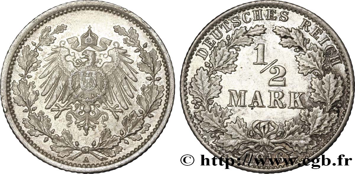 ALEMANIA 1/2 Mark Empire aigle impérial 1916 Berlin EBC 