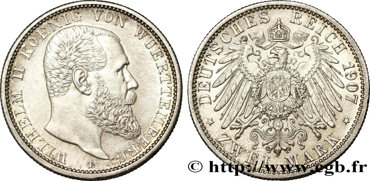 ALEMANIA - WURTEMBERG 2 Mark Royaume de Wurtemberg 1907 Stuttgart - F EBC+ 