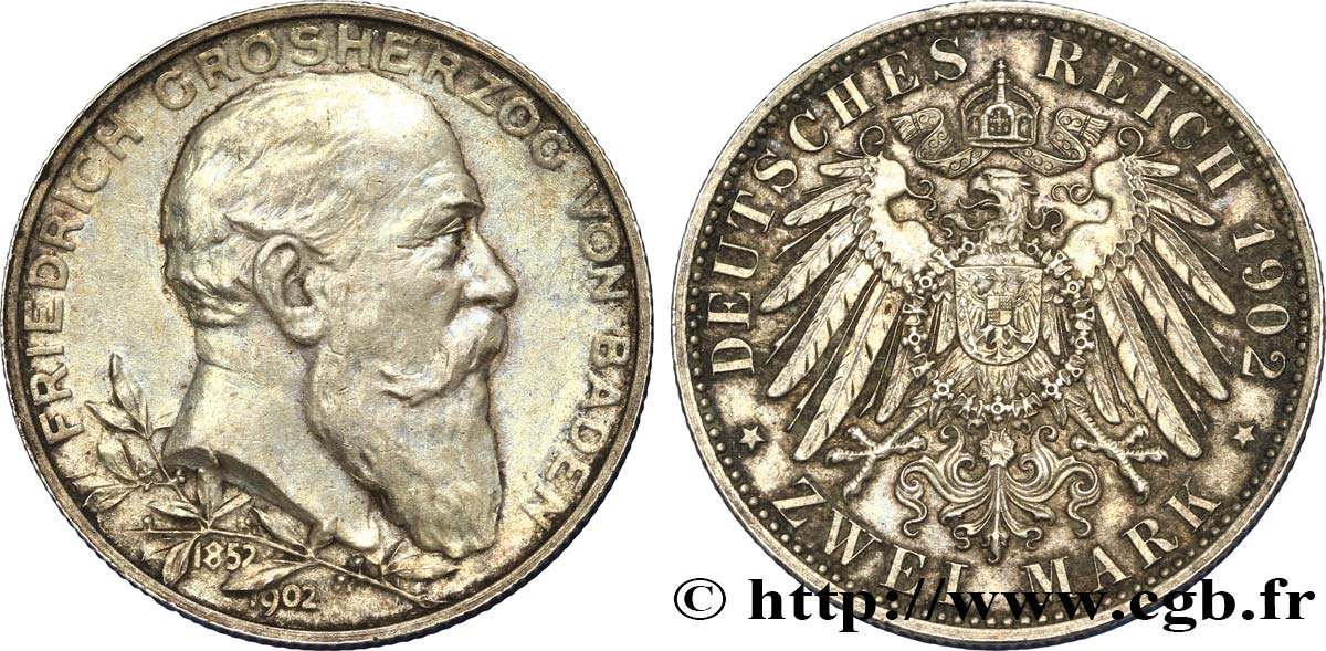 GERMANY - BADEN 2 Mark 50 ans de règne de Frédéric 1902 Karlsruhe - G XF 