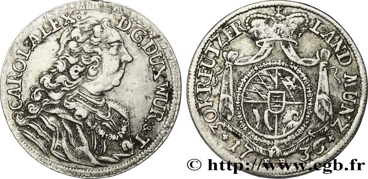 GERMANY - WÜRTTEMBERG 30 Kreuzer, 1/2 Gulden Charles Alexandre 1736 Stuttgart XF 