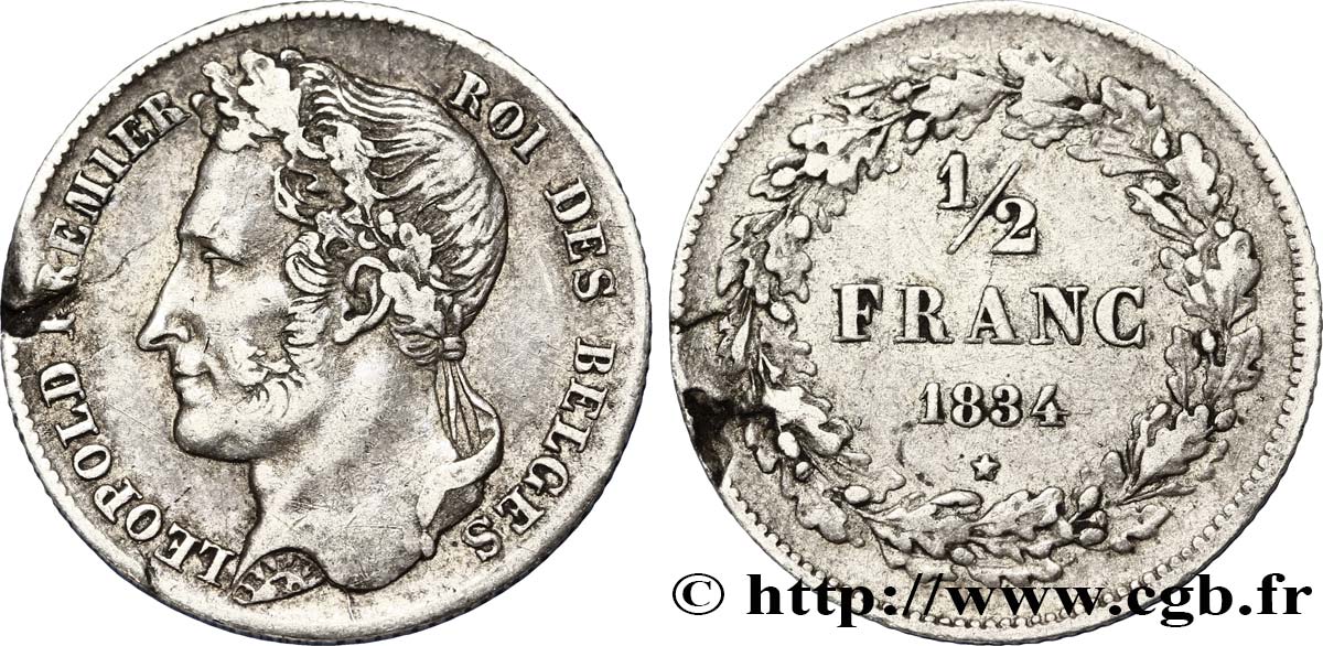 BÉLGICA 1/2 Franc Léopold tête laurée 1834  BC+ 