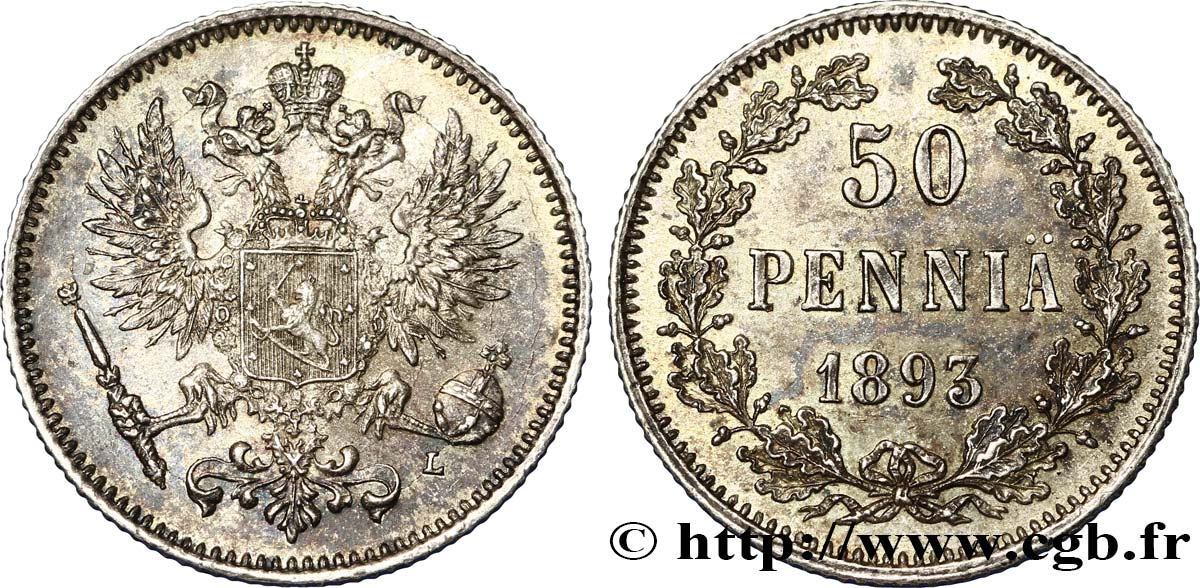 FINLANDIA 50 Pennia aigle bicéphale 1893 Helsinki EBC 