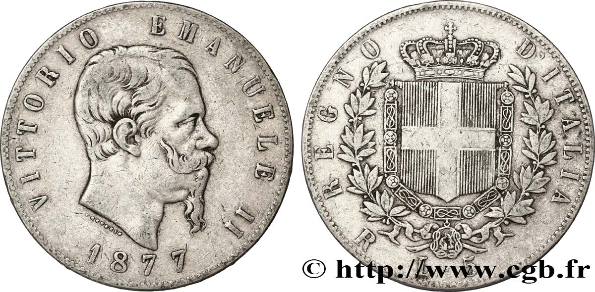 ITALIA 5 Lire Victor Emmanuel II 1877 Rome q.BB 