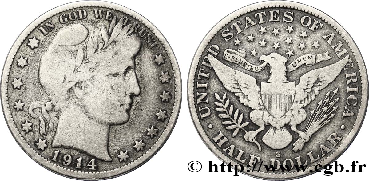 UNITED STATES OF AMERICA 1/2 Dollar Barber 1914 San Francisco VF 