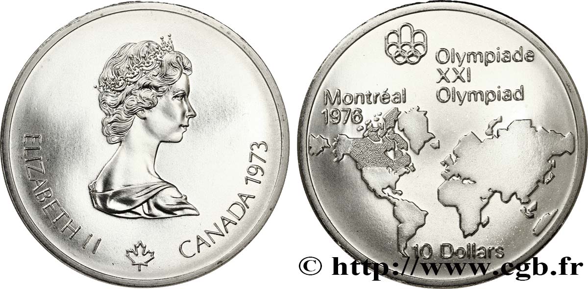 CANADA 10 Dollars JO Montréal 1976 carte du Monde / Elisabeth II 1973  MS 