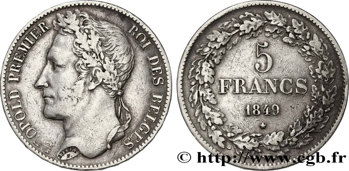 BELGIUM 5 Francs Léopold Ier tête laurée 1849  VF 
