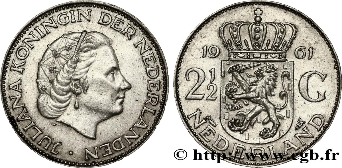 NETHERLANDS 2 1/2 Gulden Juliana 1961 Utrecht AU 