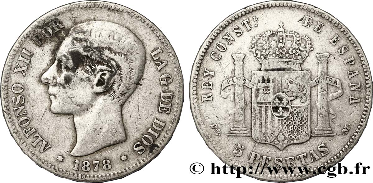 SPAIN 5 Pesetas Alphonse XII / emblème couronné (1878) D.E. - .M. 1878 Madrid VF 