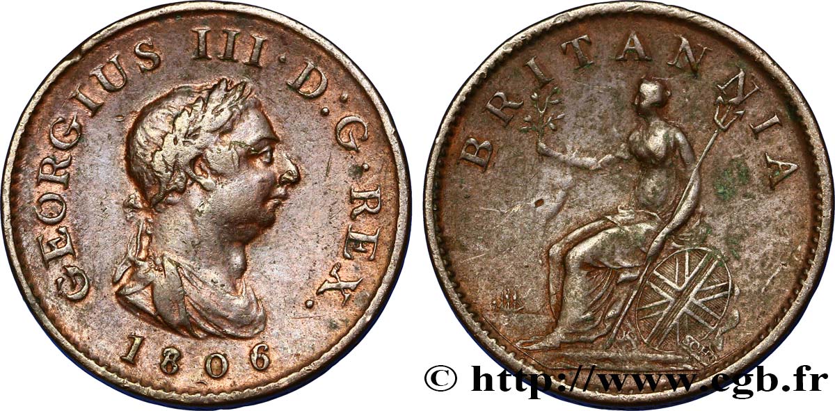 REGNO UNITO 1 Farthing Georges III tête laurée 1806  BB 
