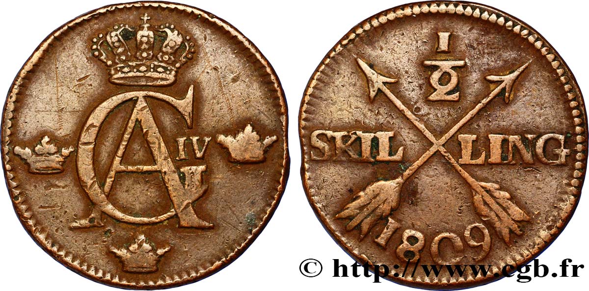 SVEZIA 1/2 Skilling monogramme du roi Gustave IV Adolphe 1809  q.BB 