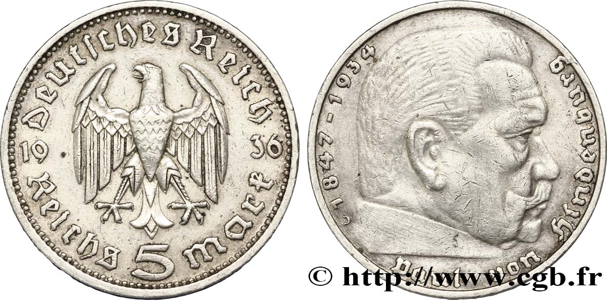 DEUTSCHLAND 5 Reichsmark Aigle / Maréchal Paul von Hindenburg 1938 Stuttgart - F SS 