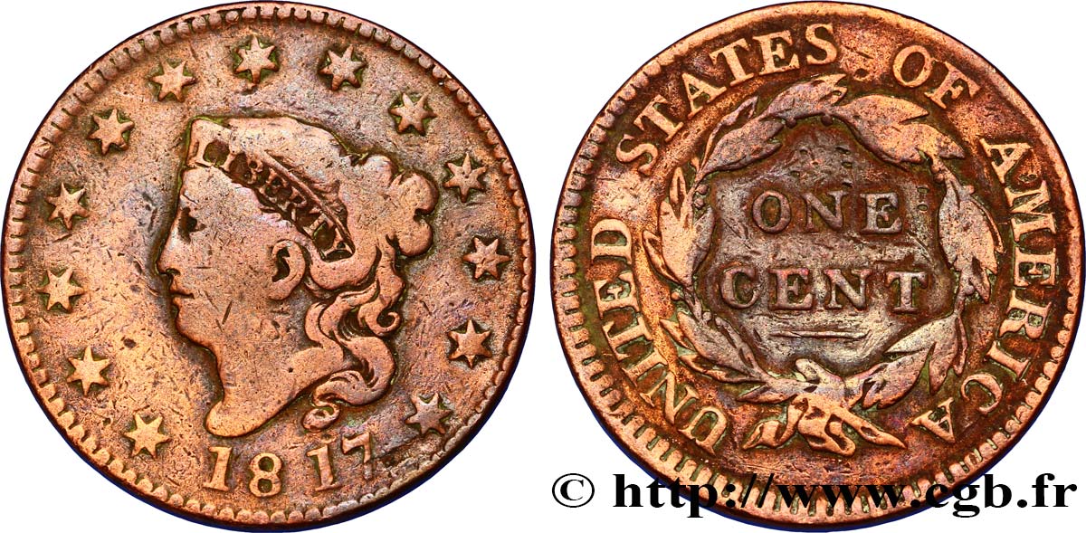 ÉTATS-UNIS D AMÉRIQUE 1 Cent “Matron Head” variété à 13 étoiles 1817 Philadelphie B+ 