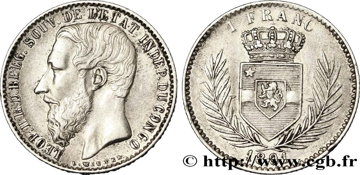 CONGO - ÉTAT INDÉPENDANT DU CONGO - LÉOPOLD II 1 Franc 1891 Bruxelles XF 