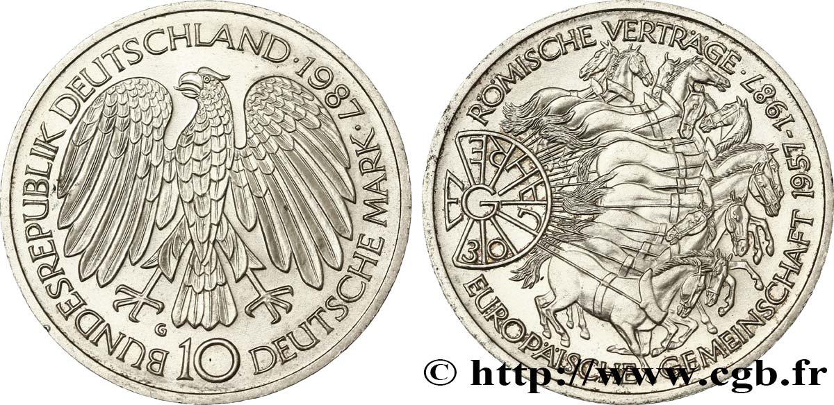 GERMANY 10 Mark / 30e anniversaire du Traité de Rome et de l’Union Européenne 1987 Karlsruhe - G MS 