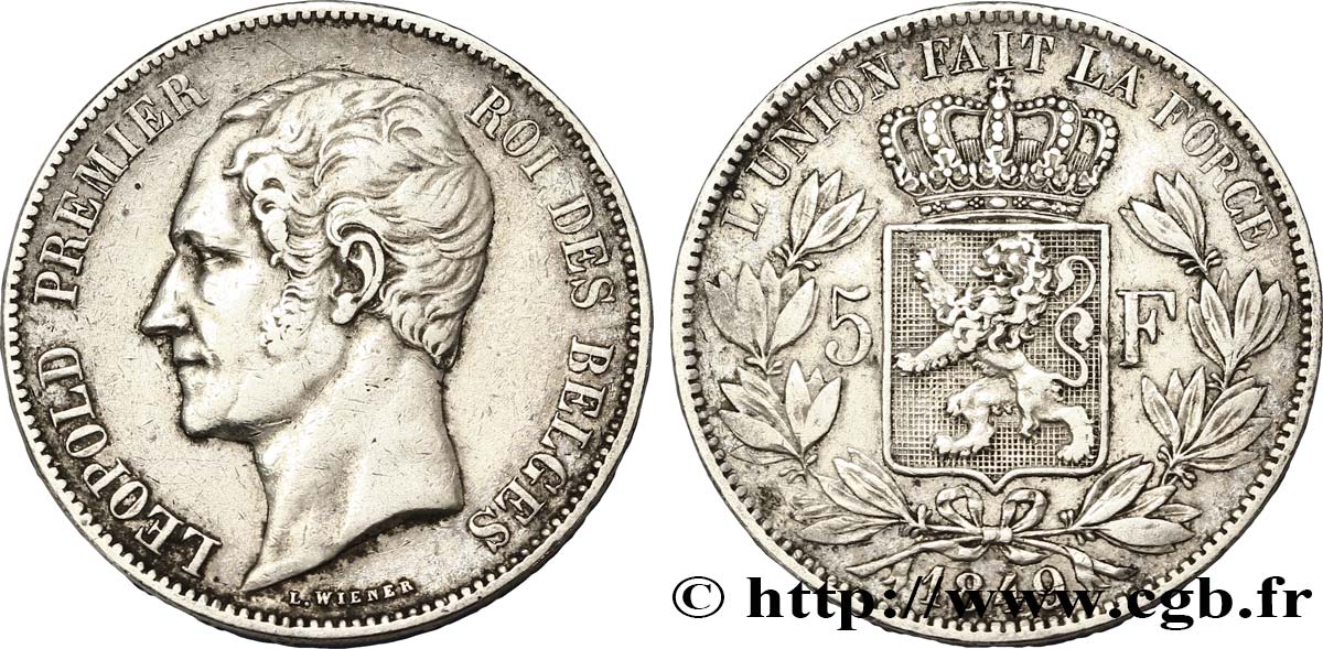 BÉLGICA 5 Francs Léopold Ier tête nue 1849  BC+ 