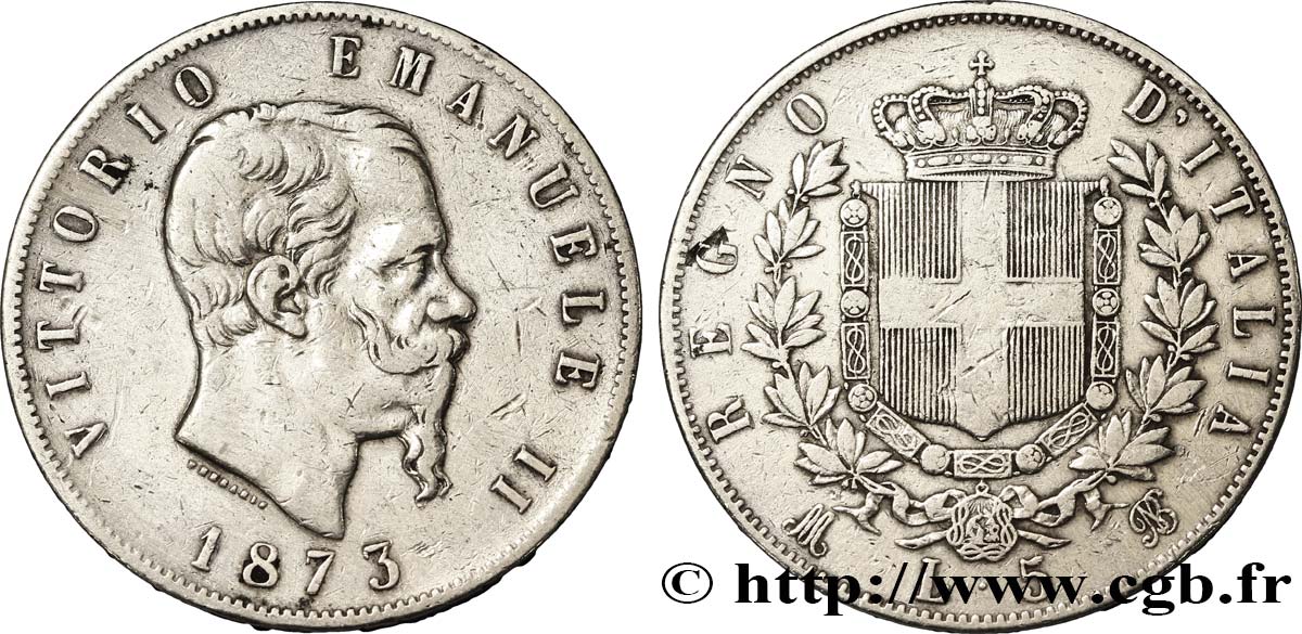 ITALIE 5 Lire Victor Emmanuel II 1873 Milan TB+ 