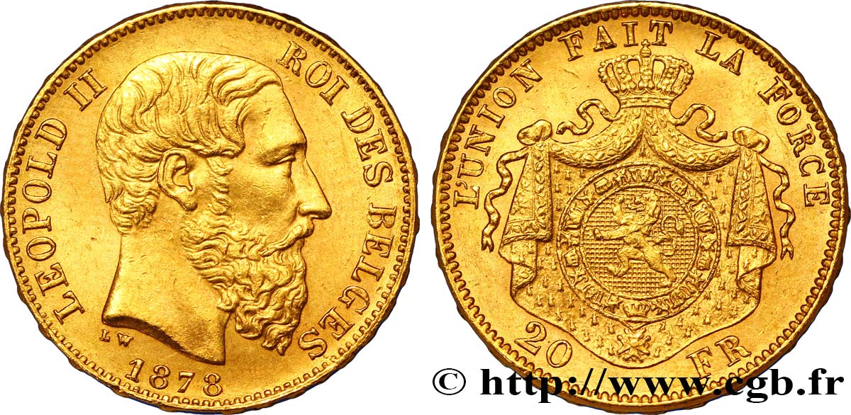 BÉLGICA 20 Francs or Léopold II  tranche position A 1878 Bruxelles MBC+ 