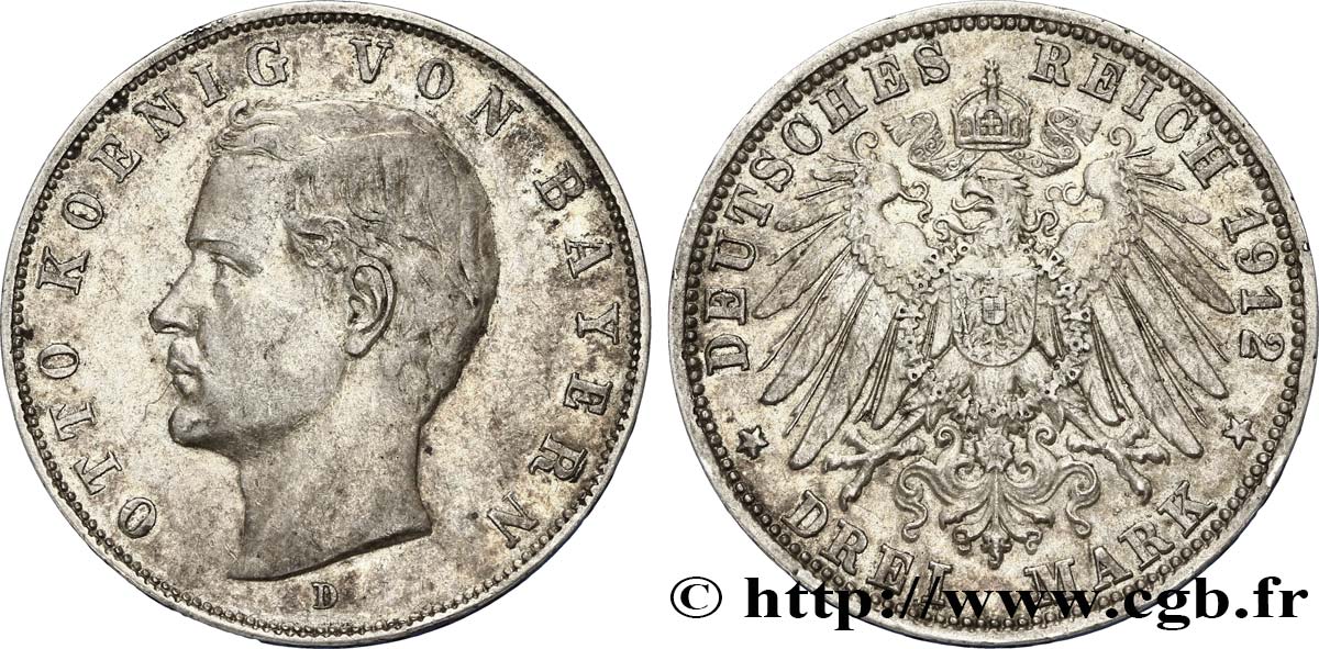 GERMANIA - BAVIERIA 3 Mark Othon roi de Bavière 1912 Munich - D q.SPL 