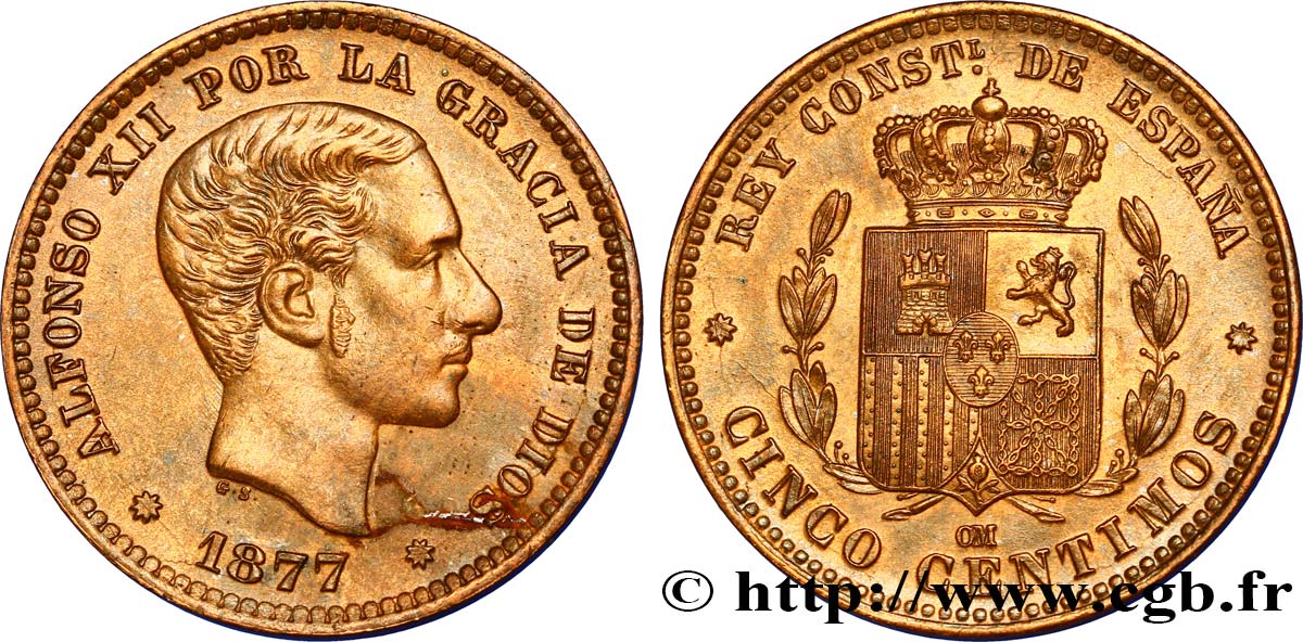 SPANIEN 5 Centimos Alphonse XII / emblème couronné 1877 Oeschger Mesdach & CO VZ 