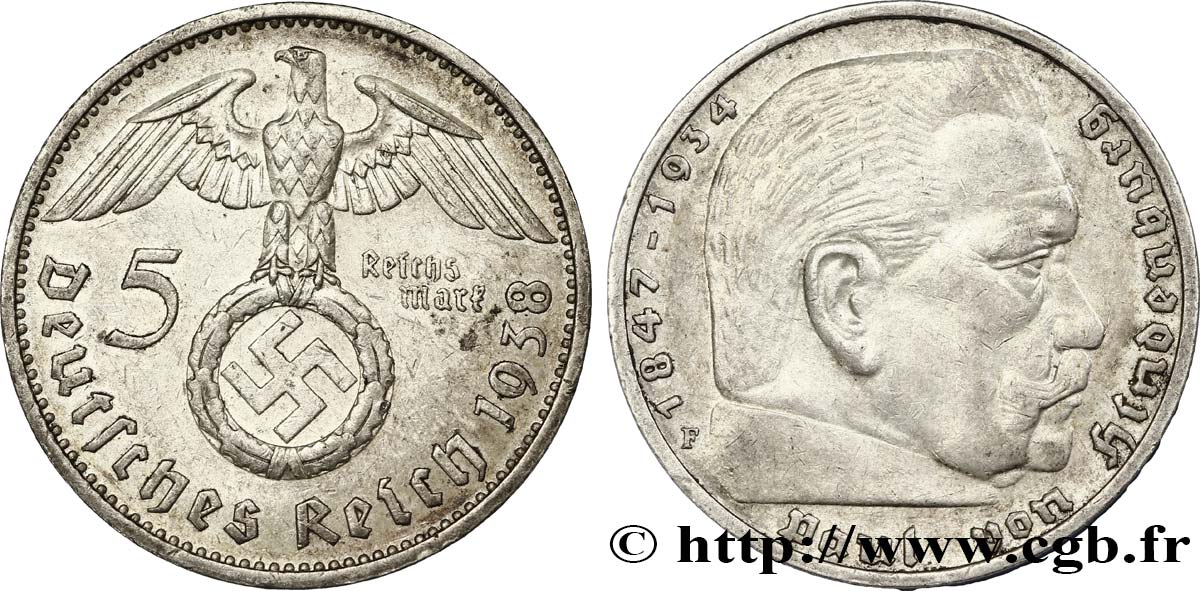 GERMANY 5 Reichsmark Aigle / Maréchal Paul von Hindenburg 1938 Stuttgart - F XF 