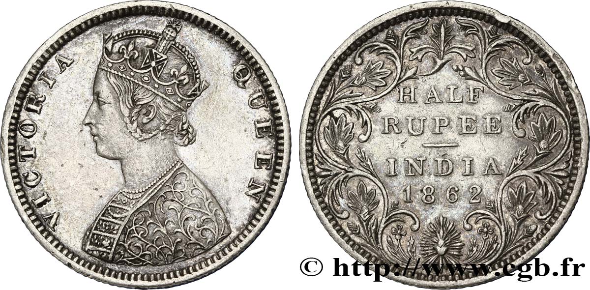 BRITISH INDIA 1/2 Roupie Victoria 1862  XF 