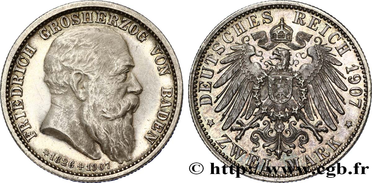 GERMANY - BADEN 2 Mark Grand-Duché de Bade Frédéric / aigle impérial 1907 Karlsruhe - G MS 