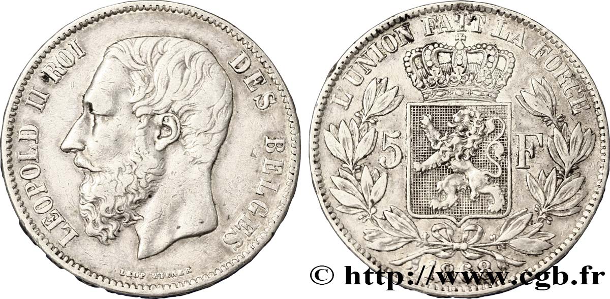 BELGIUM 5 Francs Léopold II  1868  XF 