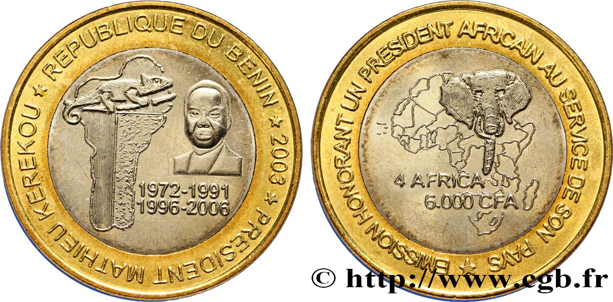 BENIN 6000 Francs CFA Président Mathieu Kerekou 2003  SC 