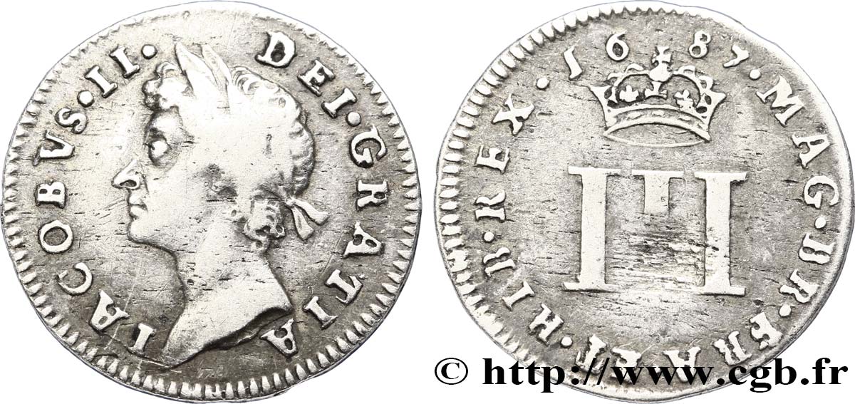 REINO UNIDO 3 Pence Jacques II 1687  BC+ 