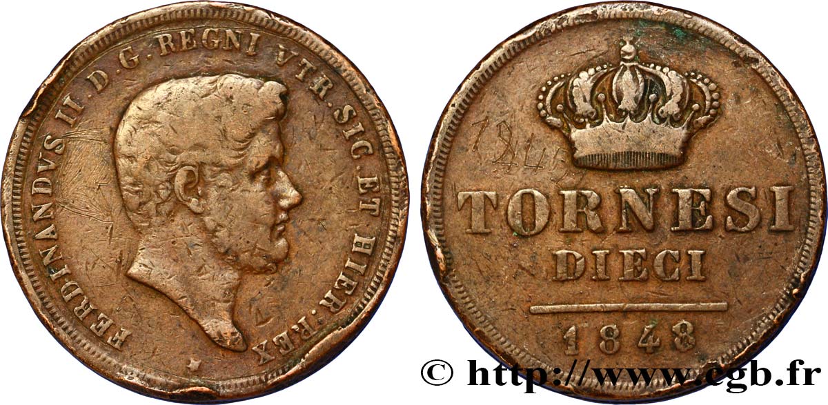 ITALY - KINGDOM OF THE TWO SICILIES 10 Tornesi 1848  VF 