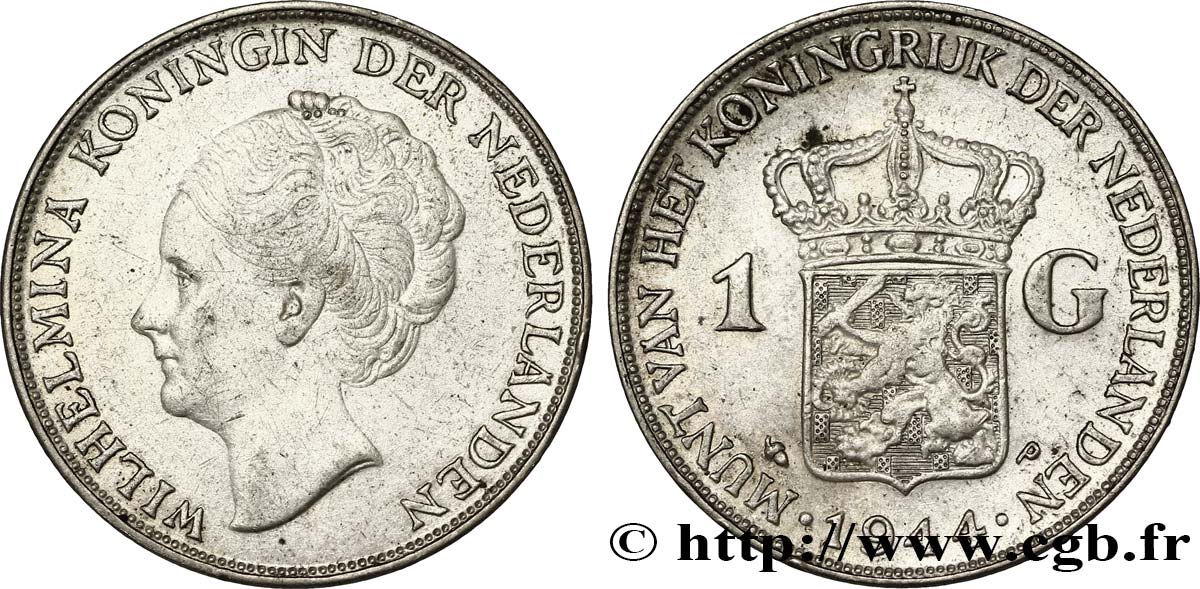 NETHERLANDS 1 Gulden Wilhelmina 1944  AU 