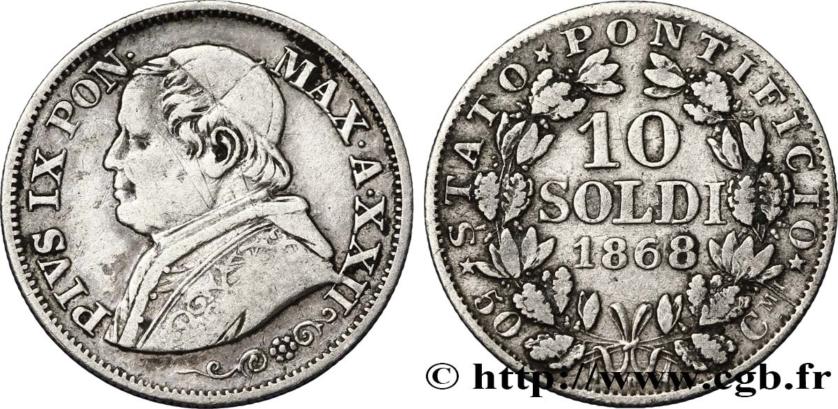 VATICAN AND PAPAL STATES 10 Soldi 1868 Rome XF 