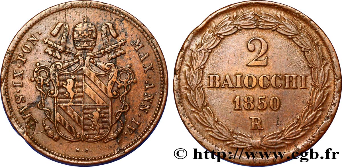 VATICAN AND PAPAL STATES 2 Baiocchi 1850 Rome AU 