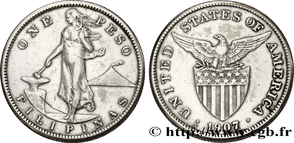 FILIPINAS 1 Peso - Administration Américaine 1907 San Francisco - S BC+ 