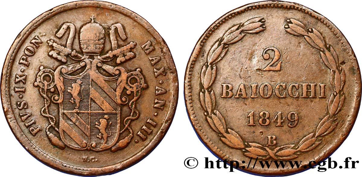 VATICAN AND PAPAL STATES 2 Baiocchi  1849 Bologne XF 
