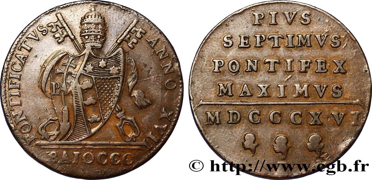 VATICAN AND PAPAL STATES 1 Baiocco 1816  XF 