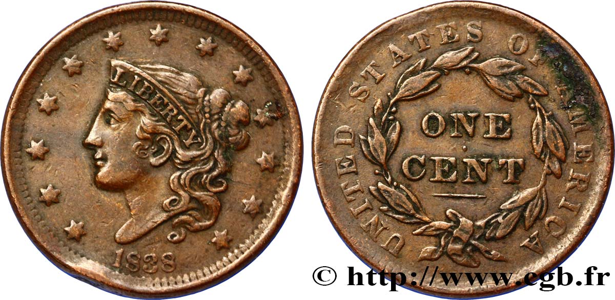 STATI UNITI D AMERICA 1 Cent Liberté “Matron Head” modifié 1838 Philadelphie q.BB 