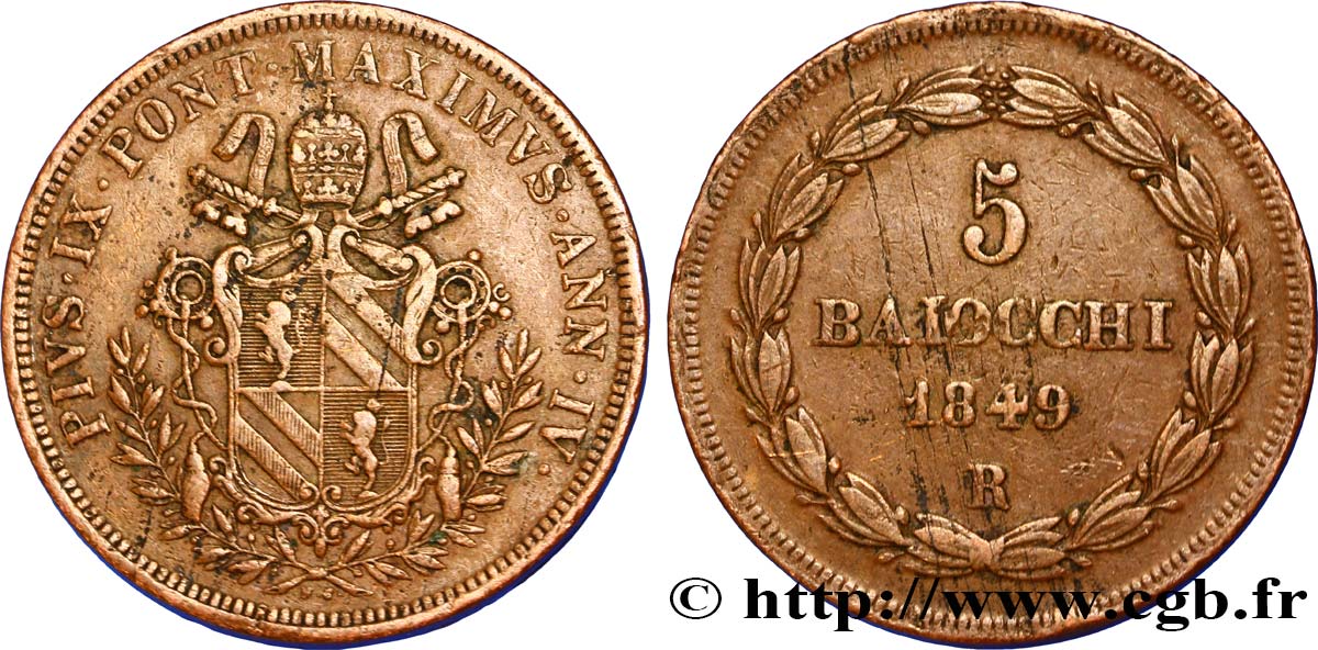 VATICAN AND PAPAL STATES 5 Baiocchi 1849 Rome XF 