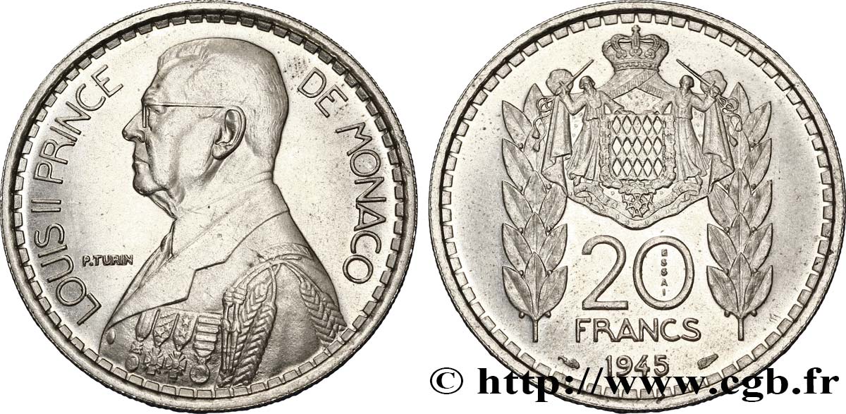 MONACO Essai de 20 Francs Louis II 1945 Paris fST 