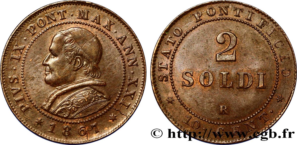 VATICAN AND PAPAL STATES 2 Soldi 1867 Rome XF/AU 