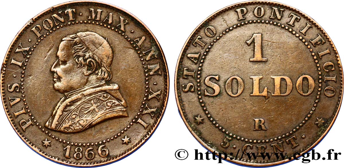 VATICAN AND PAPAL STATES 1 Soldo 1866 Rome XF 