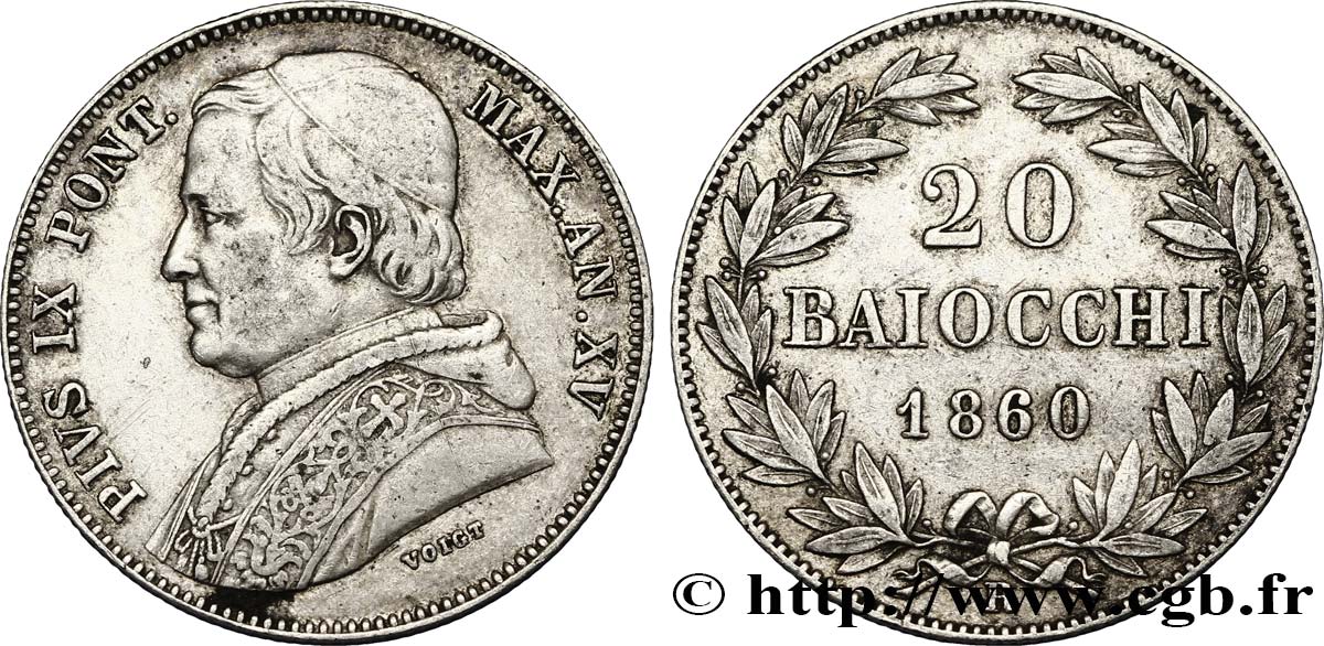 VATICAN AND PAPAL STATES 20 Baiocchi Pie IX an XV 1860 Rome XF 