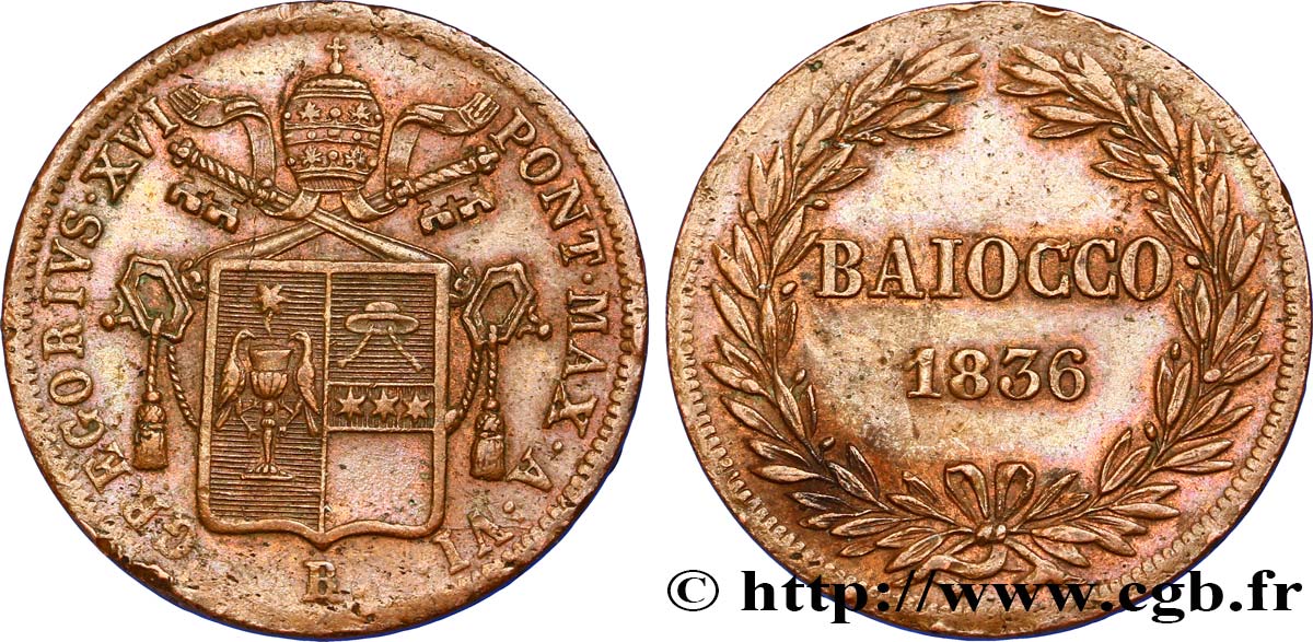 VATICAN AND PAPAL STATES Baiocco frappé au nom de Grégoire XVI an VI 1836 Rome XF 