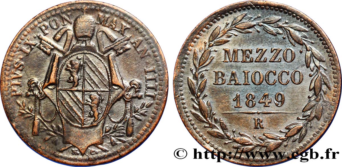 VATICAN AND PAPAL STATES Mezzo Baiocco  1849 Rome XF 