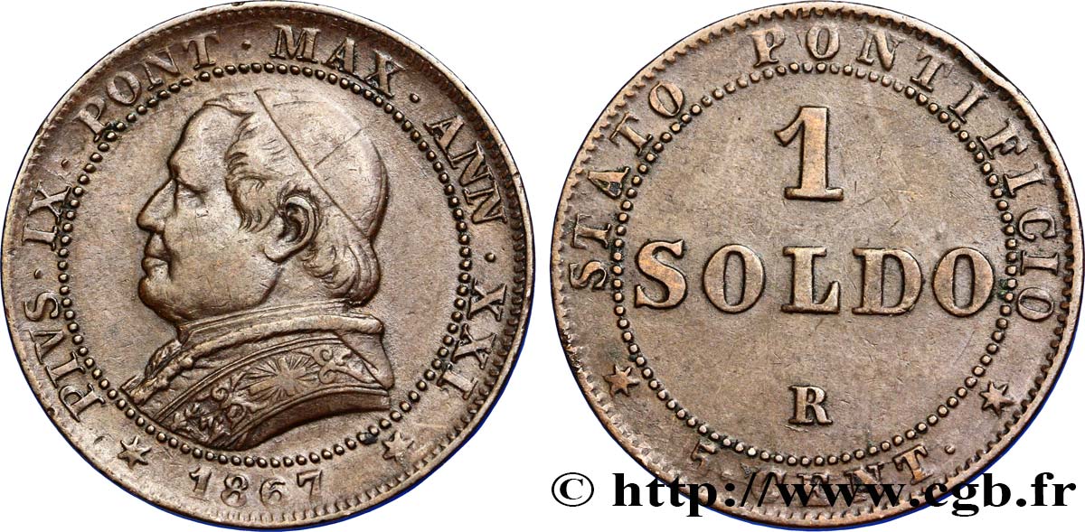 VATICAN AND PAPAL STATES 1 Soldo 1867 Rome XF 