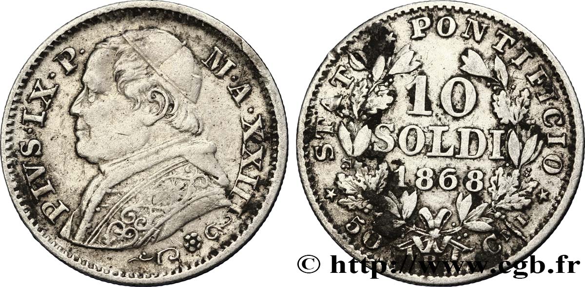 VATICANO Y ESTADOS PONTIFICIOS 10 Soldi (50 Centesimi) 1868 Rome BC+ 