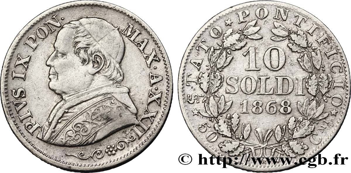 VATICAN AND PAPAL STATES 10 Soldi (50 Centesimi) 1868 Rome XF 