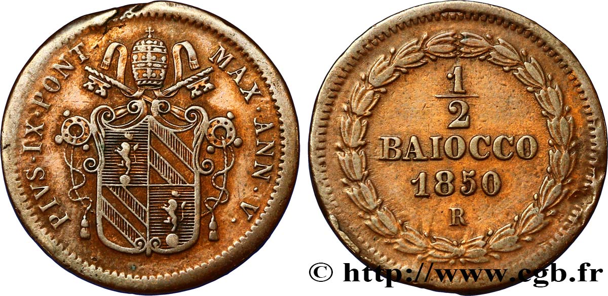 VATICAN AND PAPAL STATES 1/2 Baiocco au nom de Pie IX an V 1850 Rome XF 