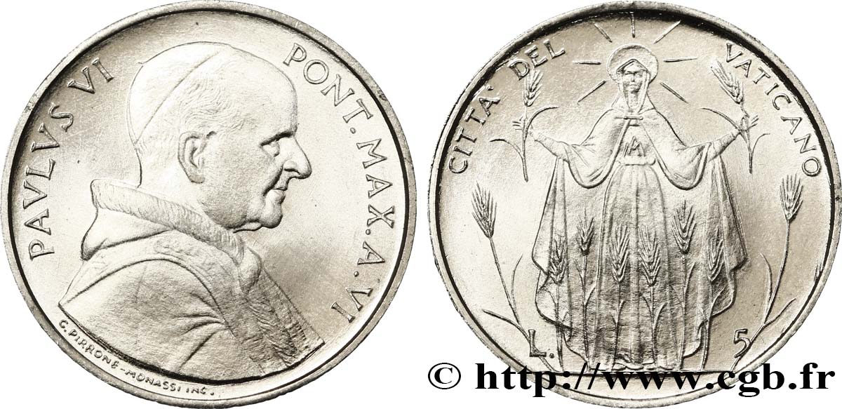 VATIKANSTAAT UND KIRCHENSTAAT 5 Lire Paul VI an VI / la moison 1968 Rome ST 