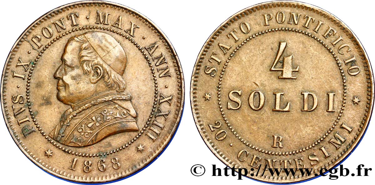 VATICAN AND PAPAL STATES 4 Soldi (20 Centesimi) 1868 Rome XF 